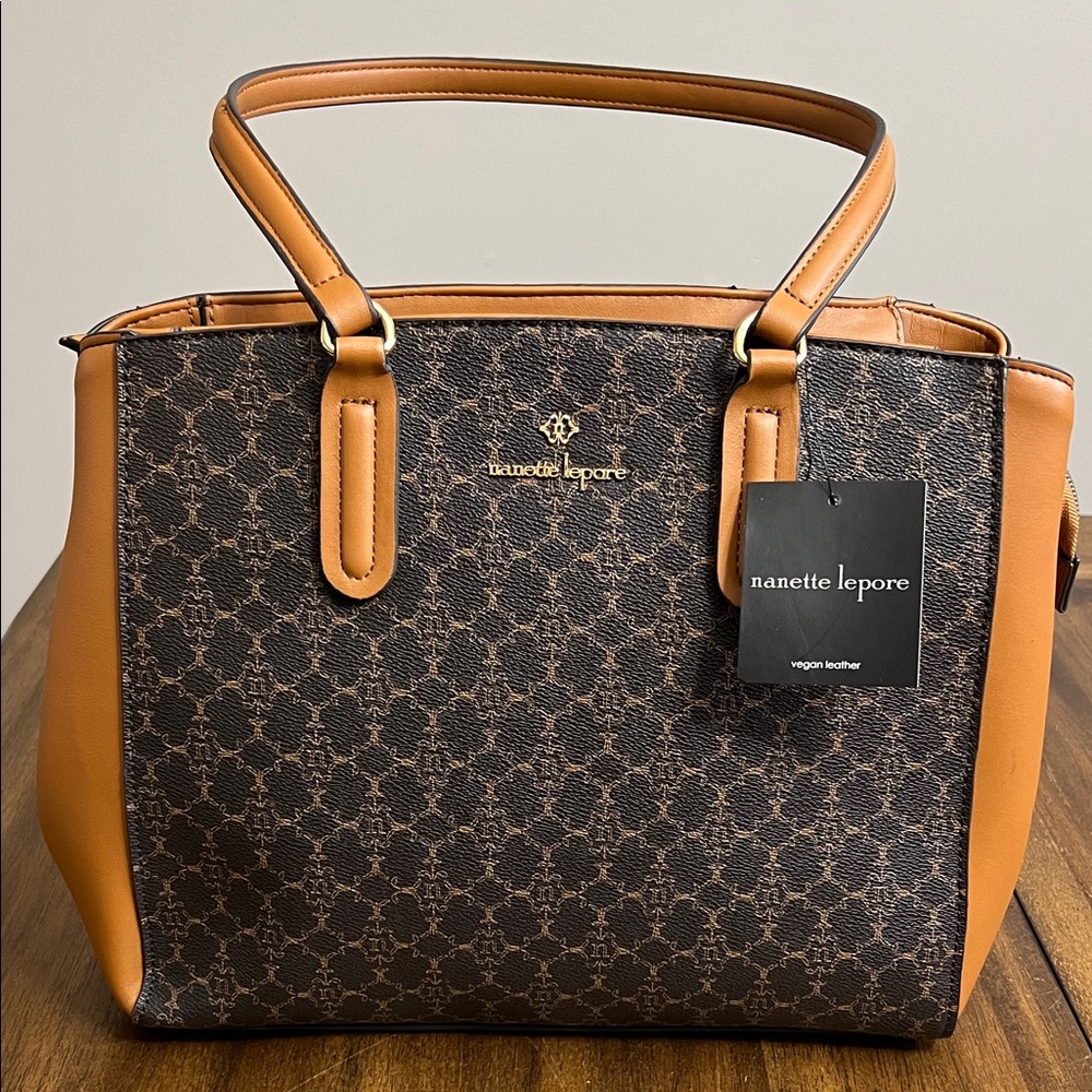 NWT Nanette Lepore Vegan Leather Logo Shoulder Bag Chocolate Vachetta